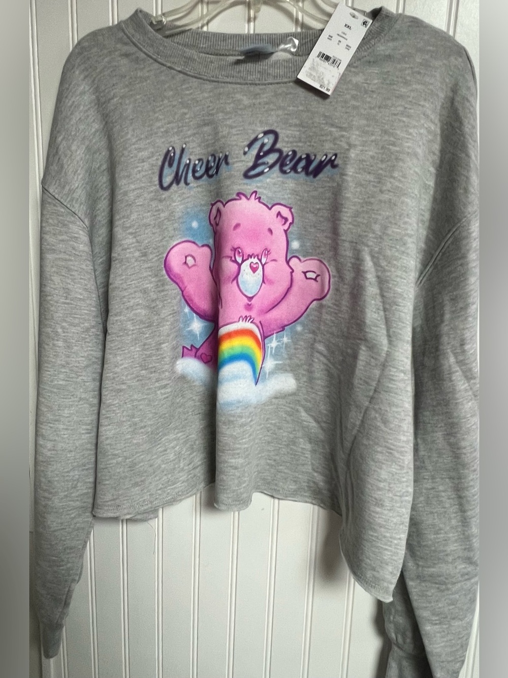 Care Bear Cheer Bear Crop Sweatshirt Plus Size XXL Gray Sweater Cheerleader NWT